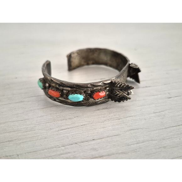 Vintage Wayne Cheama Zuni Sterling Silver Turquoise and Coral Watch Cuff - Picture 2 of 7